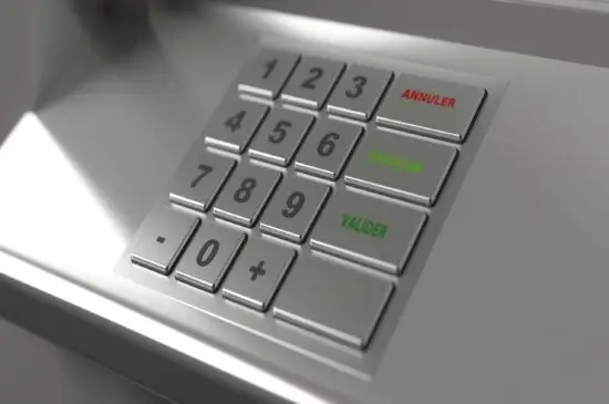Clavier de distributeur automatique de billets, gros plan, bannière. Espèces, concept de système bancaire, illustration 3D.